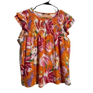 Belle by Belldini Colorful Floral Short Sleeve Deep V Crossover Stretch Blouse L